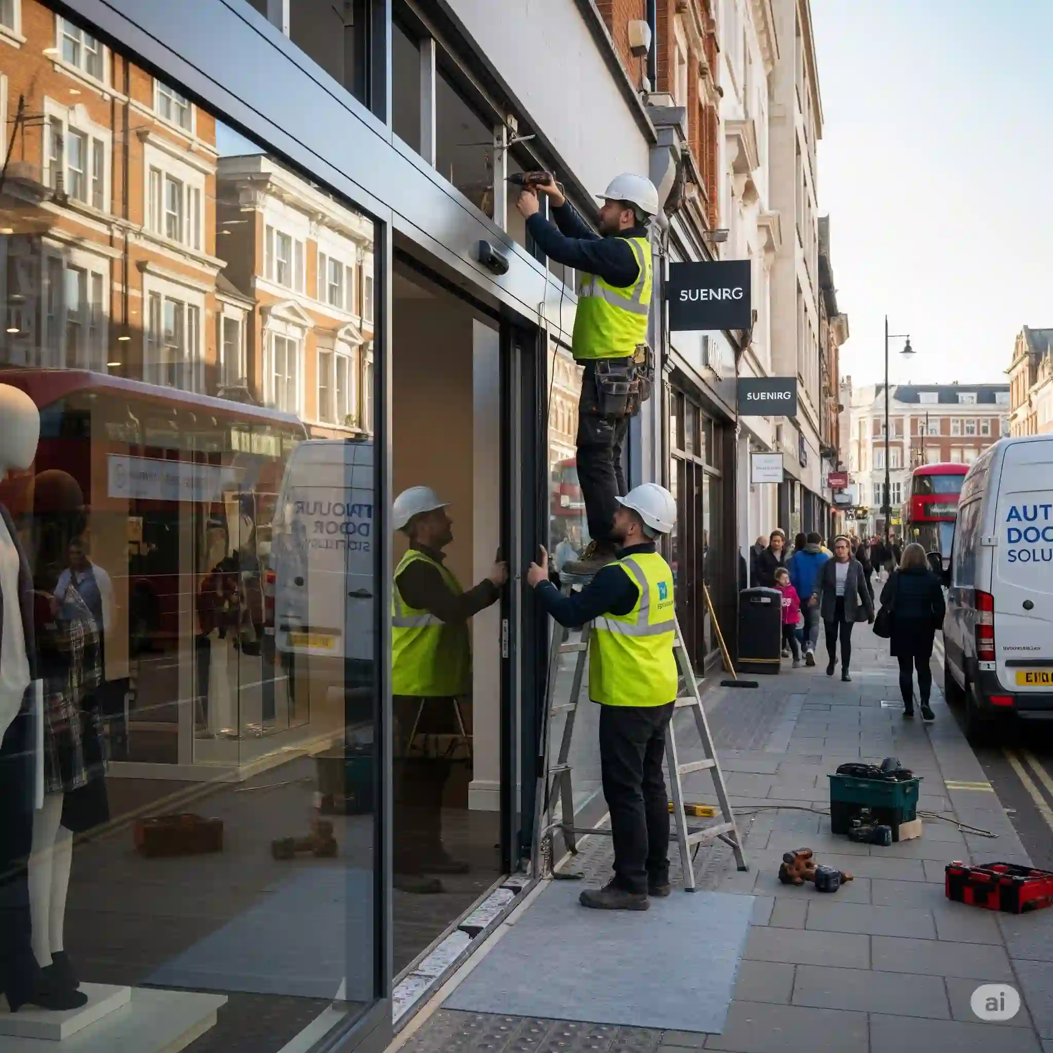 Professional engineer repairing an automatic door in a Beddington Corner building
